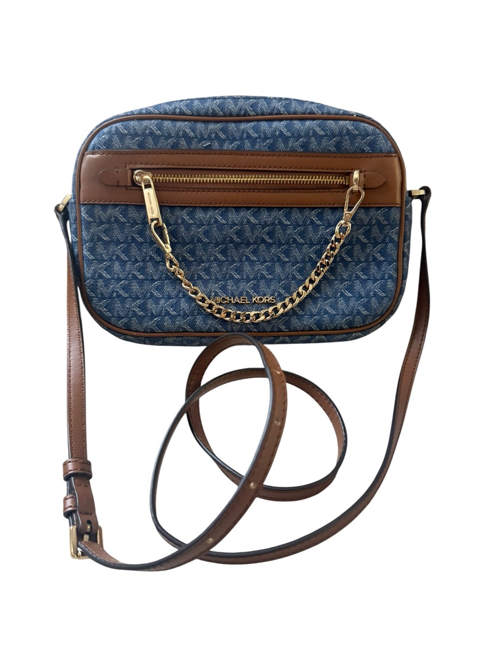Michael Kors Denim Logo and Brown Leather Crossbody with Gold Chain